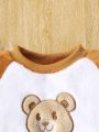 Baby Boy'S Color Block Teddy Bear Embroidered Top And Solid Color Long Pants Set, Plush