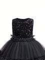 Girls' Sleeveless Round Collar Sparkly Black Tulle Dress With Layered Skirt For Formal Occasions