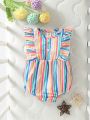 Baby Girls' Simple And Sweet Bodysuit, Candy Color Stripe, Flounced Sleeves, Button Placket, Triangle Crawling Clothes, Lovely, Casual, And Fashionable, Suitable For Spring And Summer