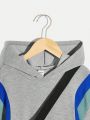 SHEIN Kids EVRYDAY Teen Boys' Casual Color Block Hooded Short-Sleeve Sweatshirt, Color Block Long Pants, Knit Crossbody Bag 3-Piece Set