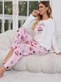 New Simple Style Donut Printed Pink Mother & Daughter Matching Long Sleeve Long Pants Homewear Set