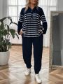 SHEIN LUNE Plus Size Women's Striped Hooded Top And Pants Two-piece Set