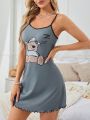 Women's Cartoon Printed Sleeveless Nightgown With Spaghetti Straps For Summer