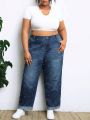 SHEIN CURVE+ Plus Size Loose Fit Pearl Stud Distressed Jeans, Washed