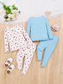 SHEIN Baby Girl Casual Knit Flower Print Long Sleeve Top And Pants Set, 4pcs