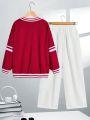 SHEIN Kids EVRYDAY Boy'S Casual V-Neck Sweatshirt With Printed Letters And Straight Woven Trousers, 2-Piece Set