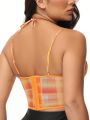 Women'S Plaid Print Hollow Out Slim Camisole Top With Spaghetti Straps