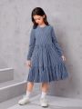 SHEIN Kids Nujoom Girls' Loose Vintage Striped Velvet Round Neck Layered Long Sleeve Dress
