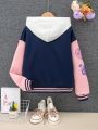 Tween Girls' Cute Rabbit & Letter Print Color Block Baseball Jacket