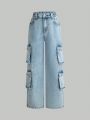 Tween Girls' Jeans New Arrival Casual Fashion Multi-Pocket Cargo Washed Denim Straight Pants