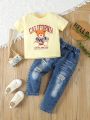 SHEIN Toddler Boys' Casual Fashionable Short Sleeve Cartoon Bear & Slogan Print T-Shirt And Distressed Jeans Set, Daily Wear