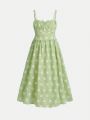 SHEIN Kids Cooltwn Tween Girl Plaid & Floral Print Casual Slip Dress With Shoulder Straps