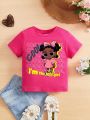 Baby Girls' Casual Short Sleeve Round Neck Tee With Cartoon Pattern Print, Suitable For Summer