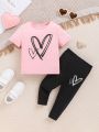 SHEIN Baby Girls' Casual Heart Pattern Short Sleeve T-shirt & Elastic Waist Long Pants Set