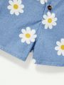 Cozy Cub Baby Girls' Denim & Floral Pattern Shortalls With Flutter Sleeves
