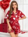 Heart Printed Color-Block Satin Pajama Set With Rolled Hem