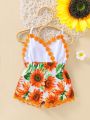 Baby Girl Floral Patched Sunflower Print Cami Romper