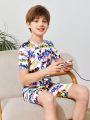 SHEIN 2pcs/Set Teen Boys' Tight-Fit Casual Round Neck Patterned Short Sleeve T-Shirt And Shorts Sleepwear