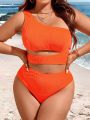 SHEIN Swim Basics Plus Size Monochrome Asymmetric Neckline Bikini Top And Swimsuit Set With Swim Shorts