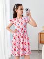 SHEIN Kids Cooltwn Tween Girl Casual Knitted Round Neck Ruffle Sleeve Dress For Spring/Summer