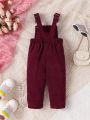 Baby Girls' Simple & Fashionable Ribbed Overalls With Alphabet Patch, Easy Matching