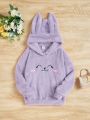 SHEIN Kids QTFun Girls' Knitted Teddy Bear Hoodie With Embroidered Rabbit Pattern, Loose Fit