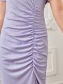 SHEIN Kids CHARMNG Girls' Knit Solid Color Oblique Shoulder Ruched Short Sleeve Bodycon Dress