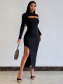 SHEIN SXY Women's Long Sleeve Dress With Hollow Out And Slit Hem
