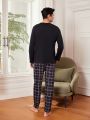 Men's Solid Color Long Sleeve T-Shirt And Plaid Pants Home Wear Set