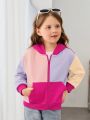 SHEIN Girls' Loose Fit Cute Colorblock Hoodie With Patched Design For Toddlers
