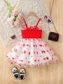 SHEIN Kids CHARMNG Little Girls' Heart Printed Mesh Spaghetti Strap Dress