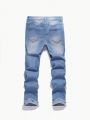 SHEIN Big Boys' High Elasticity Comfortable Water-Washed Fashionable Slim Fit Jeans