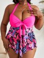 SHEIN Swim Classy Plus Size Printed Knot Front Halter Top And Triangle Bottom Bikini Swimsuit Set