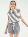Forever 21 Women's Striped Letter Patchwork Tank Top And Shorts Set