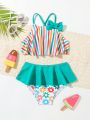Baby Girls' Striped Tank Top With Bow Decoration And Ruffled Triangle Bottoms Bikini Swimsuit Set