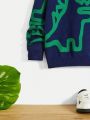 SHEIN Kids QTFun Big Boys' Casual Long Sleeve Round Neck Warm Sweater With Green Dinosaur Pattern