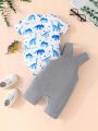 2pcs/Set Summer Baby Boys' Cute Dinosaur Printed Short Sleeve Romper And Solid Color Suspenders Shorts Outfits