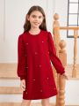 SHEIN Girls' Knitted Solid Color Beaded Loose Casual Dress With Round Neck, Mommy And Me Matching Outfits (2 Pieces Are Sold Separately)
