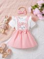 Baby Girls' Short Sleeve Top, Cute Rabbit Embellished Overalls Dress Set, Summer
