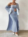 SHEIN Privé Women's Long Strapless Dress With Sheer Mesh Sleeve Cuffs Jacket Two Piece Set