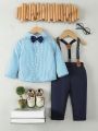 Baby Boy Formal Gentleman Clothing Set, Checkered Long Sleeve Shirt With Bow Tie & Suspenders, Pants, Suitable For Competition Performance And Wedding Reception