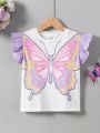 SHEIN Kids QTFun Little Girls' Butterfly Printed Contrast Flying Sleeve Knitted Tee With Round Neck