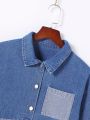 Tween Girl Colorblock Patched Pocket Drop Shoulder Denim Shirt Without Tee