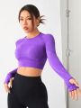SHEIN Yoga Trendy Women's Seamless Thumb Hole Cut Cropped Long Sleeve T-Shirt - Purple