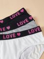 3pcs/Set Women'S Heart & Letter Print Elastic Band Triangle Panties