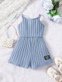 SHEIN Kids EVRYDAY Young Girl Knit Solid Color Spaghetti Straps & Woven Label, Casual Romper