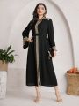 SHEIN Najma Women's Patchwork Woven Belt Long Sleeve Turkish Tunic