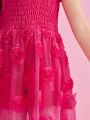 SHEIN Kids FANZEY Little Girls' Simple Shirred Sleeveless Casual Romper With Mesh Flower Pattern