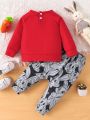 2pcs Baby Boys' Casual Cute Rabbit Printed Long Sleeve Top And Pants Set