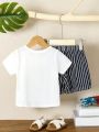 2pcs/Set Baby Boy's Cute Sports & Daily Casual Outfits, Including Slogan Print Short-Sleeved T-Shirt And Striped Shorts, For Spring/Summer